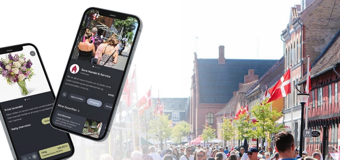Billedet viser en mobil-app og Storegade i Sorø